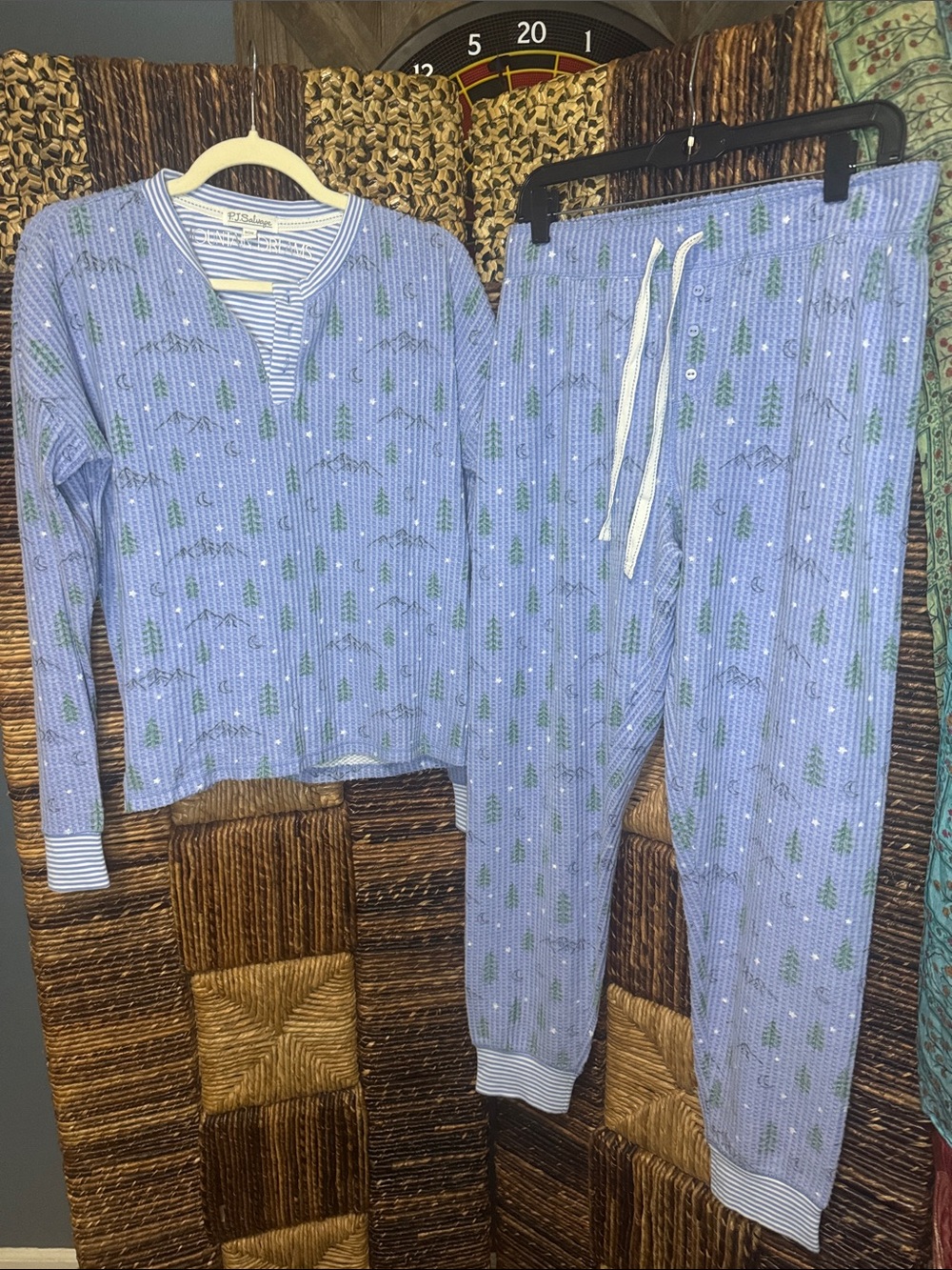 P.J. Salvage Light Blue Long-Sleeve Henley Pajama Set with Green Tree Print